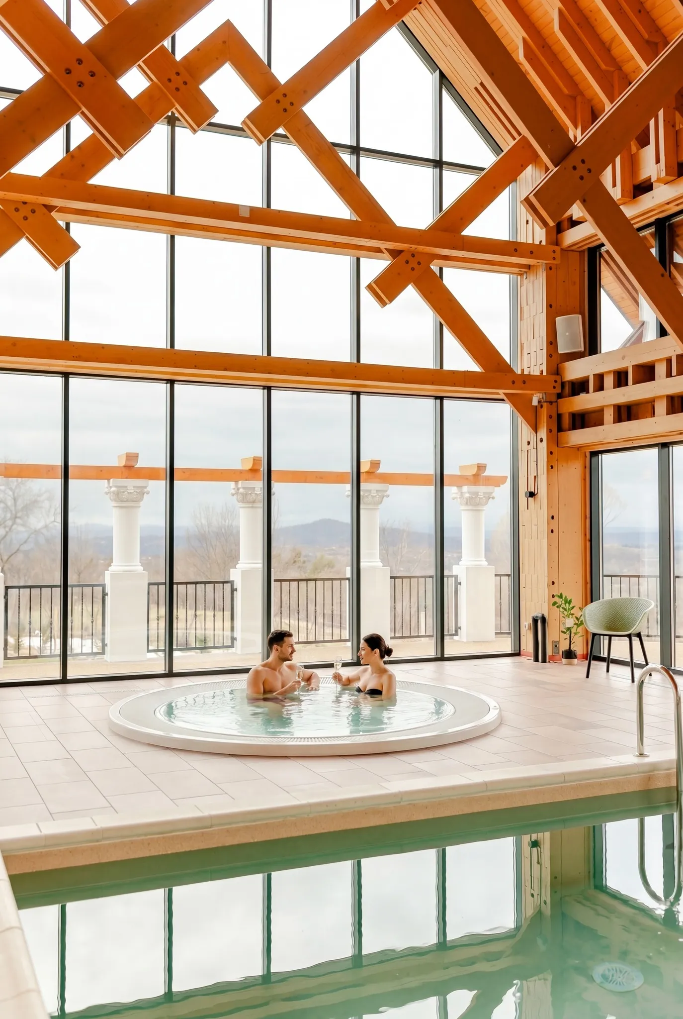 Cuplu in jacuzzi cu panorama montana